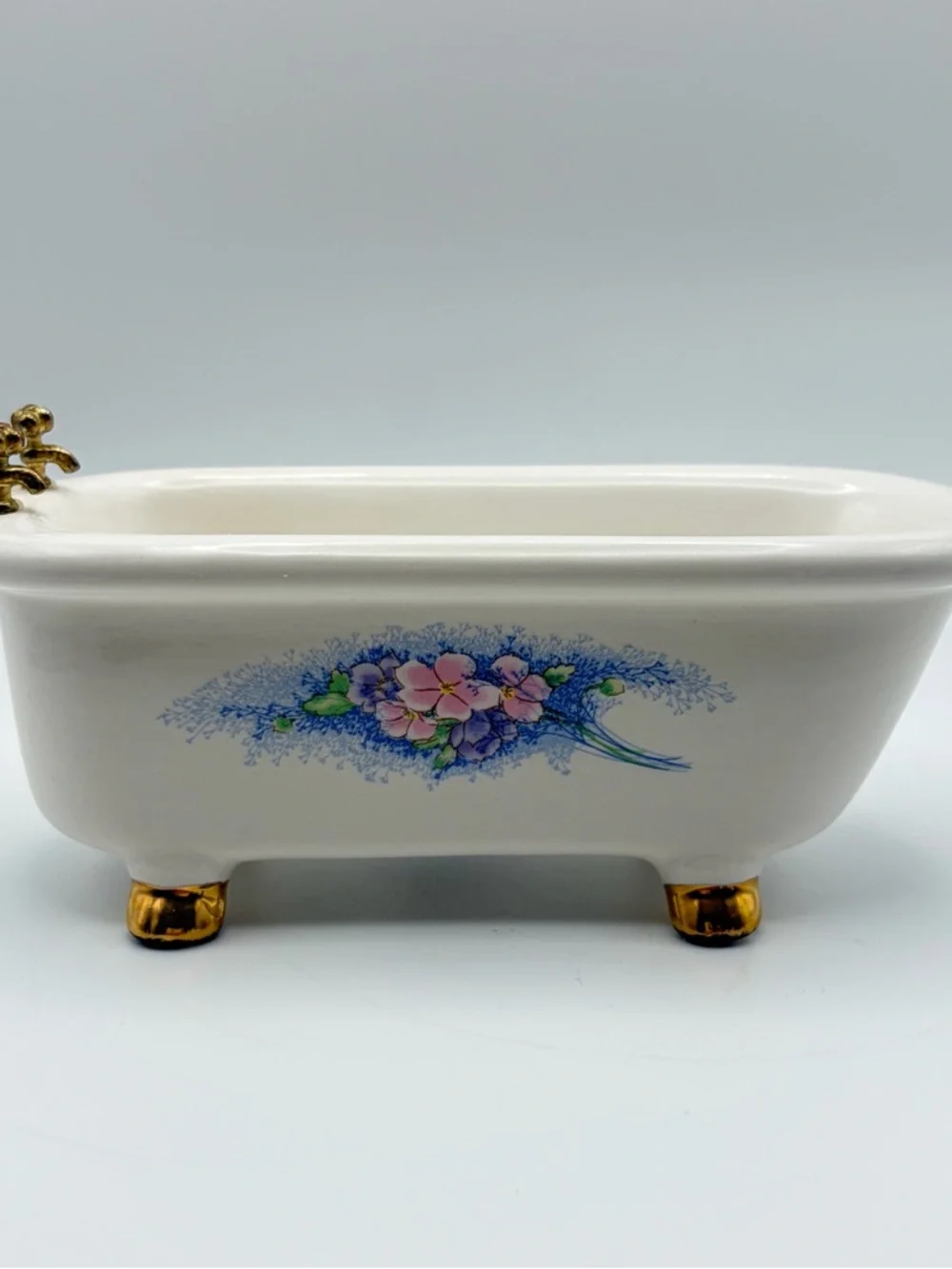 Vintage 1:12 Dollhouse White Ceramic Floral Miniature Bathroom Set w/ Gold Trim